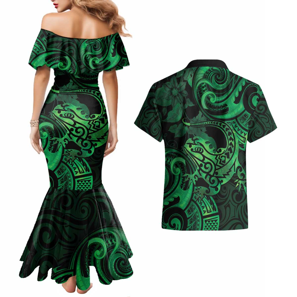 New Zealand Tuatara Couples Matching Mermaid Dress and Hawaiian Shirt Aotearoa Maori Clematis Flowers - Green LT14 - Polynesian Pride