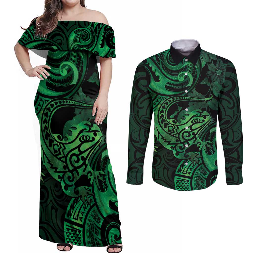 New Zealand Tuatara Couples Matching Off Shoulder Maxi Dress and Long Sleeve Button Shirt Aotearoa Maori Clematis Flowers - Green LT14 Green - Polynesian Pride