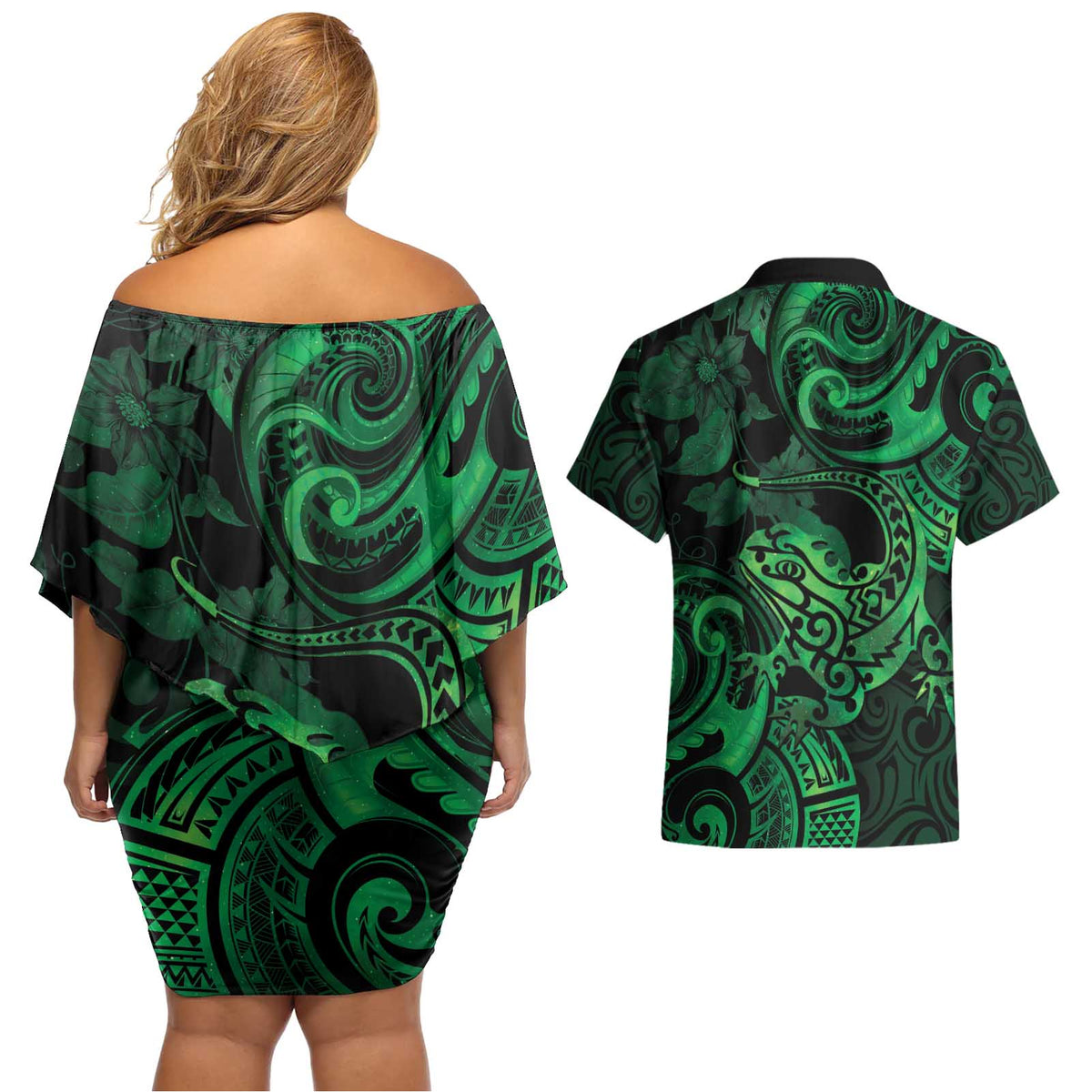 New Zealand Tuatara Couples Matching Off Shoulder Short Dress and Hawaiian Shirt Aotearoa Maori Clematis Flowers - Green LT14 - Polynesian Pride