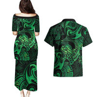 New Zealand Tuatara Couples Matching Puletasi and Hawaiian Shirt Aotearoa Maori Clematis Flowers - Green LT14 - Polynesian Pride