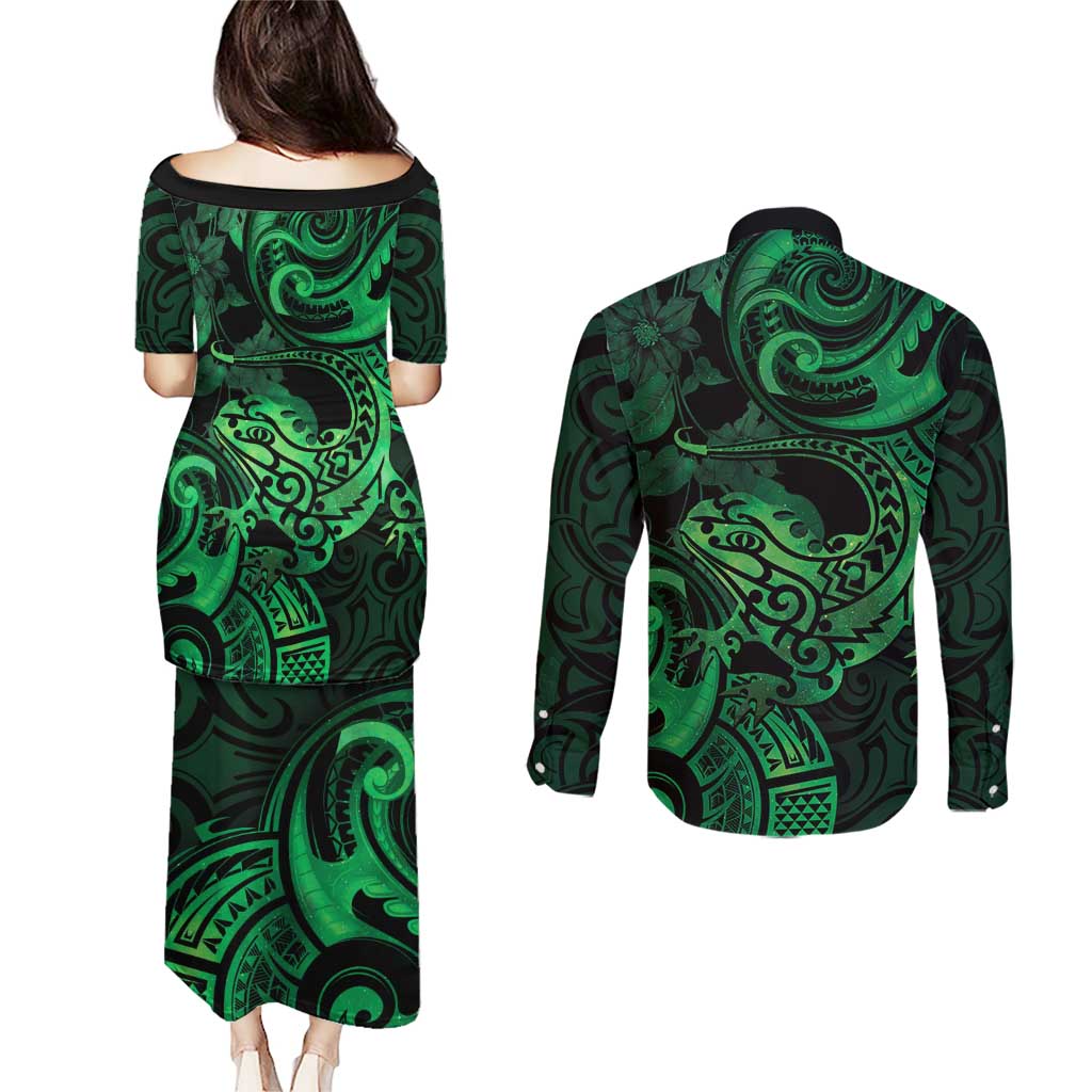 New Zealand Tuatara Couples Matching Puletasi and Long Sleeve Button Shirt Aotearoa Maori Clematis Flowers - Green LT14 - Polynesian Pride