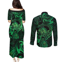 New Zealand Tuatara Couples Matching Puletasi and Long Sleeve Button Shirt Aotearoa Maori Clematis Flowers - Green LT14 - Polynesian Pride