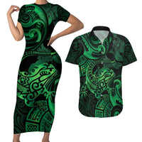 New Zealand Tuatara Couples Matching Short Sleeve Bodycon Dress and Hawaiian Shirt Aotearoa Maori Clematis Flowers - Green LT14 Green - Polynesian Pride