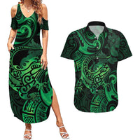 New Zealand Tuatara Couples Matching Summer Maxi Dress and Hawaiian Shirt Aotearoa Maori Clematis Flowers - Green LT14 Green - Polynesian Pride
