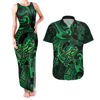 New Zealand Tuatara Couples Matching Tank Maxi Dress and Hawaiian Shirt Aotearoa Maori Clematis Flowers - Green LT14 Green - Polynesian Pride