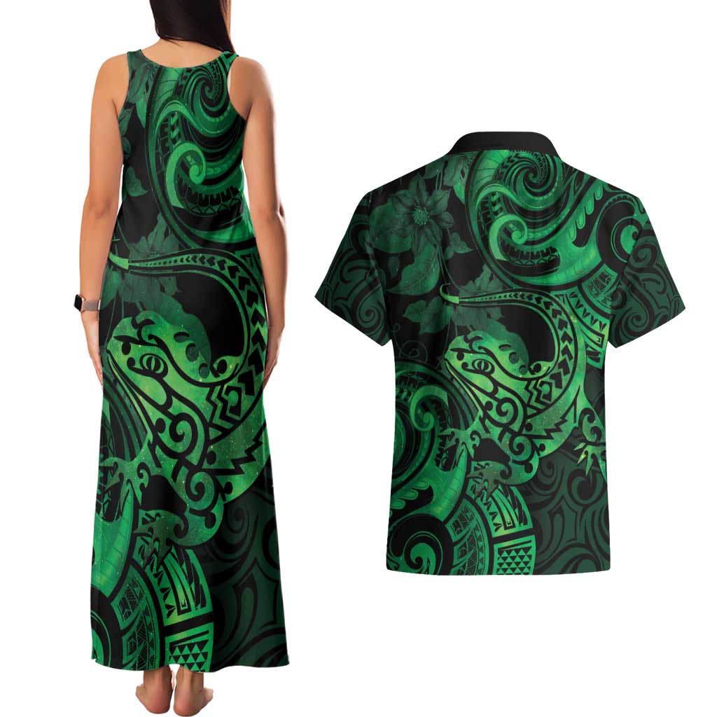 New Zealand Tuatara Couples Matching Tank Maxi Dress and Hawaiian Shirt Aotearoa Maori Clematis Flowers - Green LT14 - Polynesian Pride