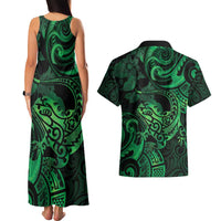 New Zealand Tuatara Couples Matching Tank Maxi Dress and Hawaiian Shirt Aotearoa Maori Clematis Flowers - Green LT14 - Polynesian Pride