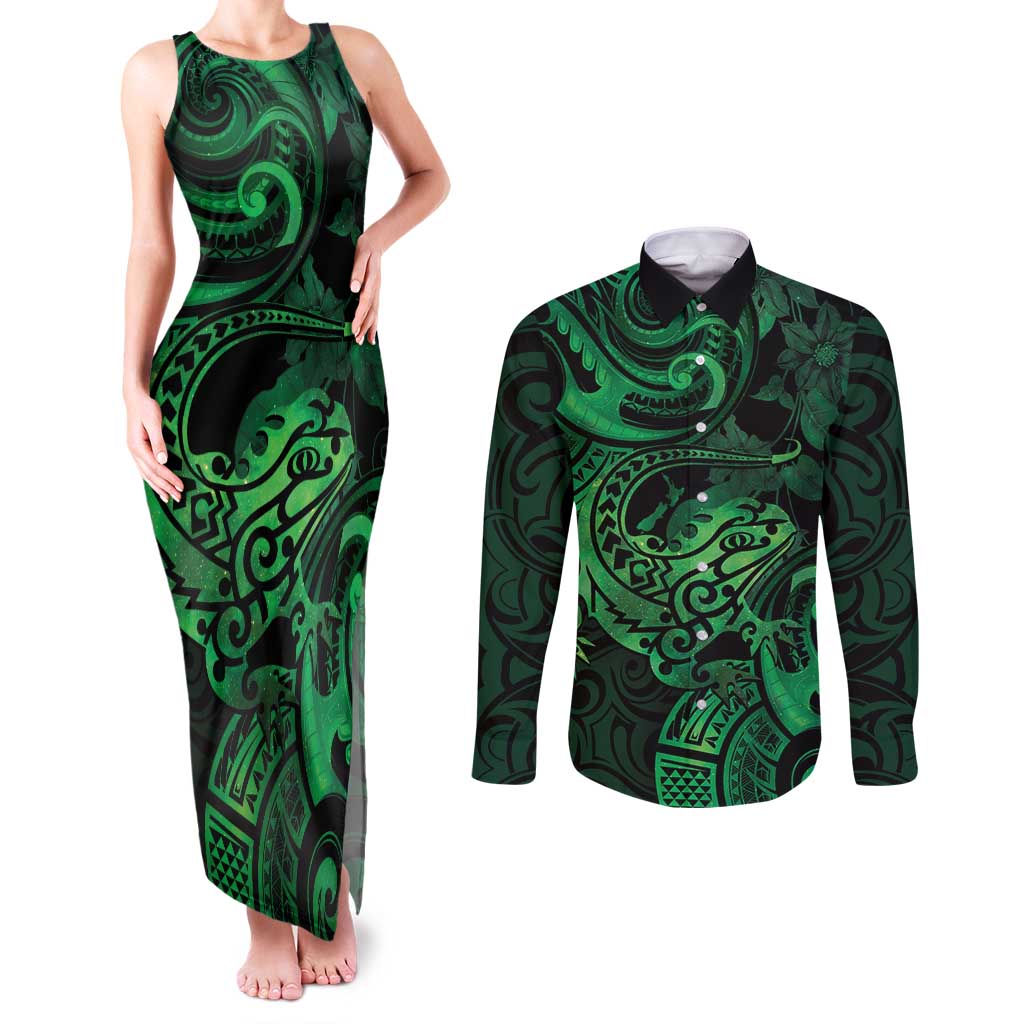 New Zealand Tuatara Couples Matching Tank Maxi Dress and Long Sleeve Button Shirt Aotearoa Maori Clematis Flowers - Green LT14 Green - Polynesian Pride