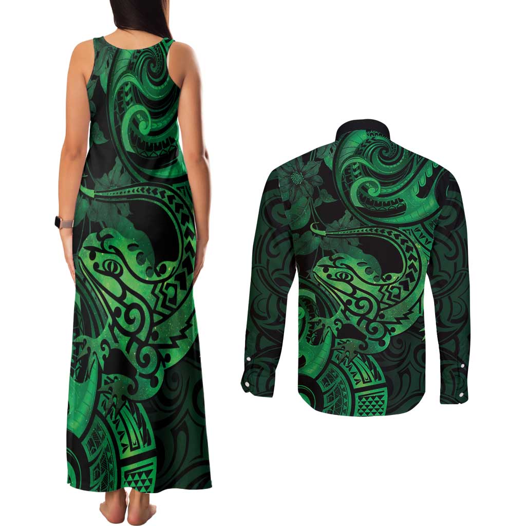 New Zealand Tuatara Couples Matching Tank Maxi Dress and Long Sleeve Button Shirt Aotearoa Maori Clematis Flowers - Green LT14 - Polynesian Pride