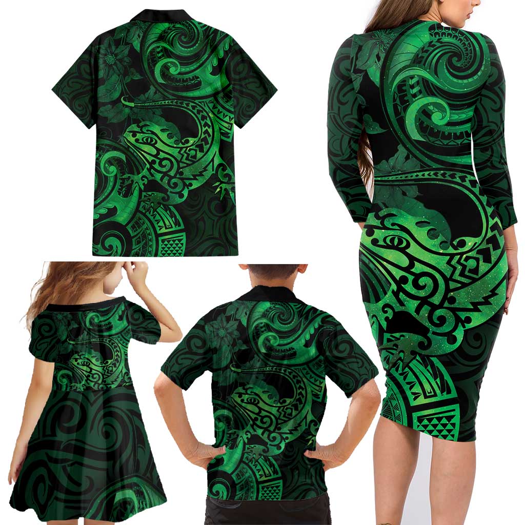 New Zealand Tuatara Family Matching Long Sleeve Bodycon Dress and Hawaiian Shirt Aotearoa Maori Clematis Flowers - Green LT14 - Polynesian Pride