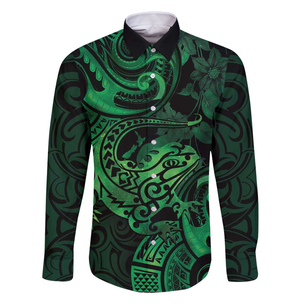 New Zealand Tuatara Family Matching Long Sleeve Bodycon Dress and Hawaiian Shirt Aotearoa Maori Clematis Flowers - Green LT14 Dad's Shirt - Long Sleeve Green - Polynesian Pride