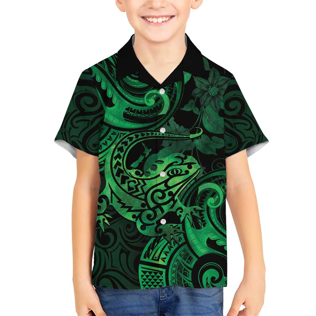 New Zealand Tuatara Family Matching Long Sleeve Bodycon Dress and Hawaiian Shirt Aotearoa Maori Clematis Flowers - Green LT14 Son's Shirt Green - Polynesian Pride