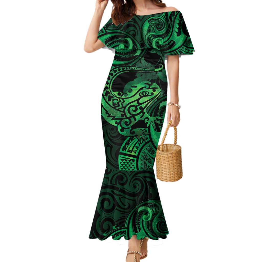 New Zealand Tuatara Family Matching Mermaid Dress and Hawaiian Shirt Aotearoa Maori Clematis Flowers - Green LT14 Mom's Dress Green - Polynesian Pride