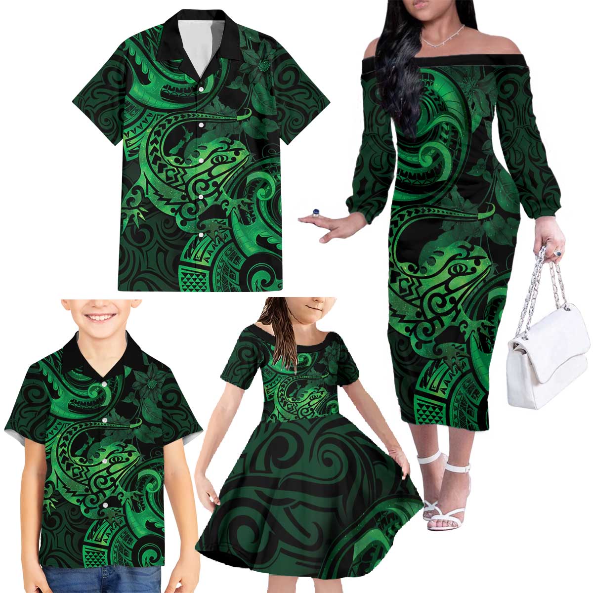 New Zealand Tuatara Family Matching Off The Shoulder Long Sleeve Dress and Hawaiian Shirt Aotearoa Maori Clematis Flowers - Green LT14 - Polynesian Pride