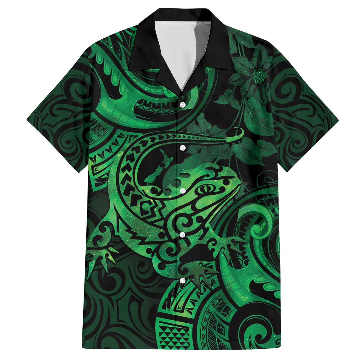 New Zealand Tuatara Family Matching Off The Shoulder Long Sleeve Dress and Hawaiian Shirt Aotearoa Maori Clematis Flowers - Green LT14 Dad's Shirt - Short Sleeve Green - Polynesian Pride