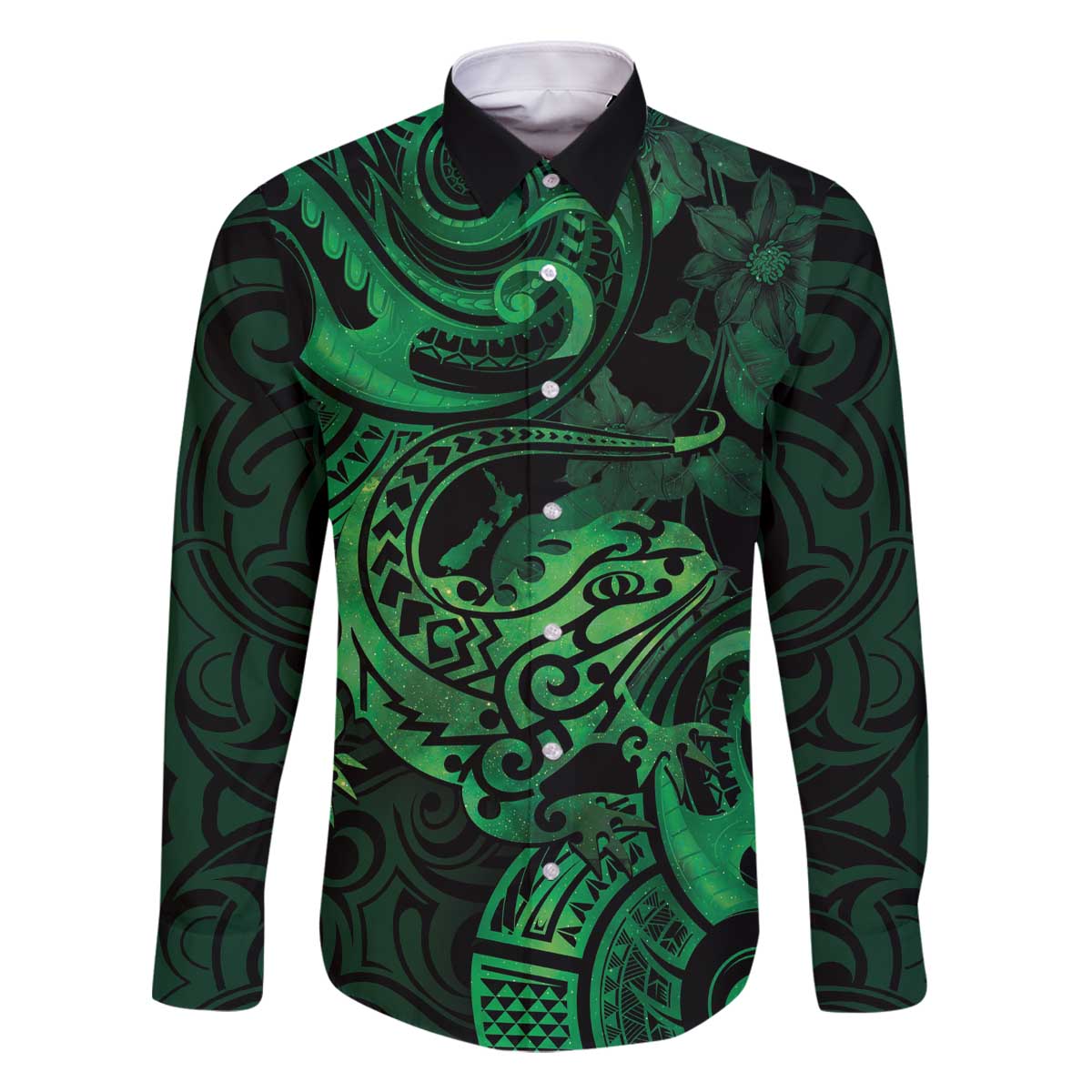 New Zealand Tuatara Family Matching Off The Shoulder Long Sleeve Dress and Hawaiian Shirt Aotearoa Maori Clematis Flowers - Green LT14 Dad's Shirt - Long Sleeve Green - Polynesian Pride