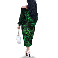 New Zealand Tuatara Family Matching Off The Shoulder Long Sleeve Dress and Hawaiian Shirt Aotearoa Maori Clematis Flowers - Green LT14 - Polynesian Pride