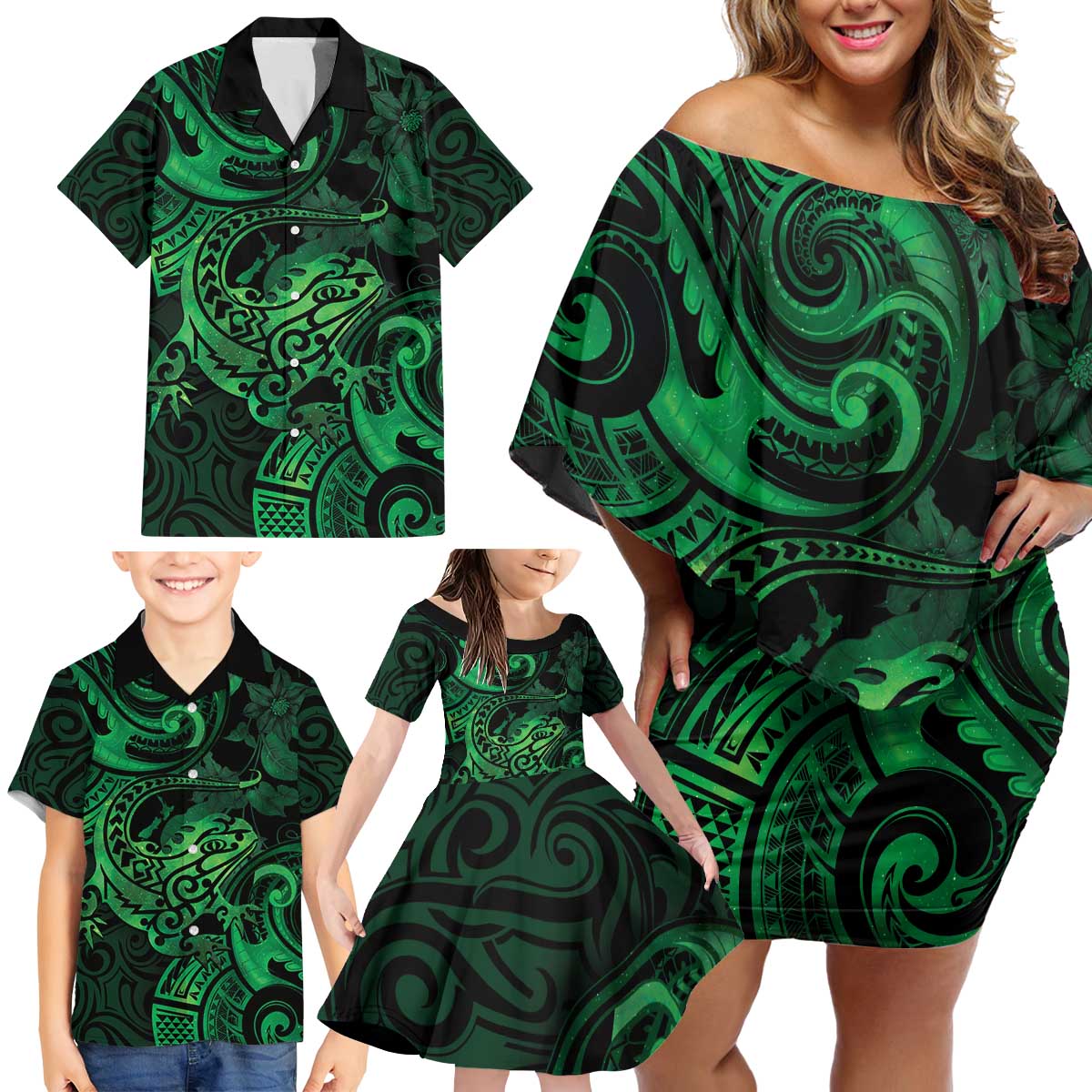 New Zealand Tuatara Family Matching Off Shoulder Short Dress and Hawaiian Shirt Aotearoa Maori Clematis Flowers - Green LT14 - Polynesian Pride