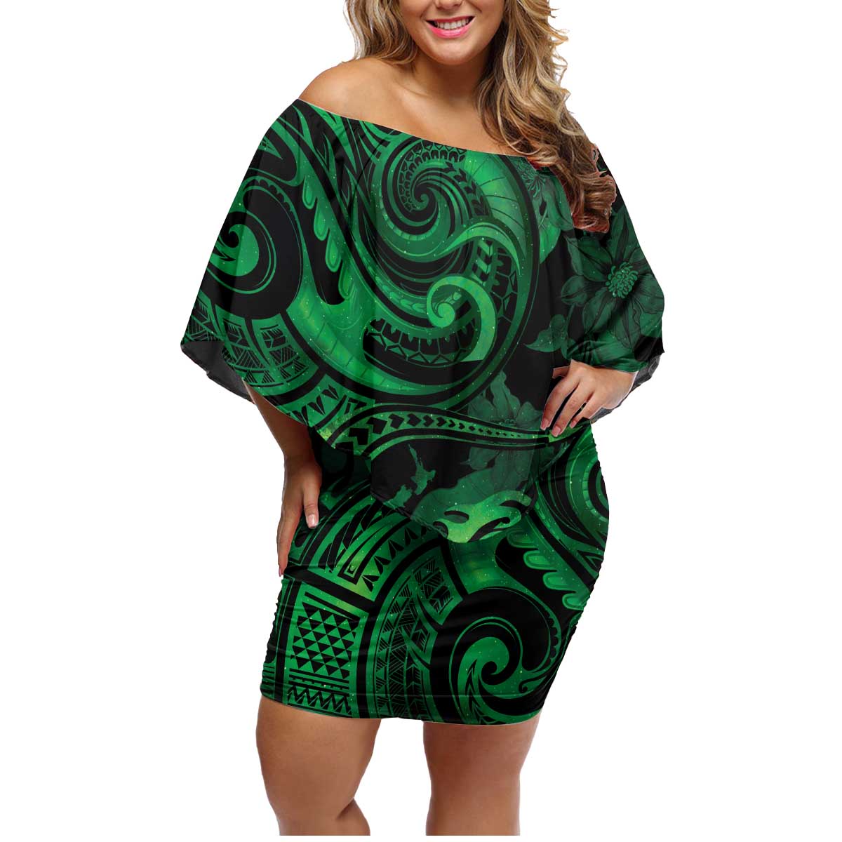 New Zealand Tuatara Family Matching Off Shoulder Short Dress and Hawaiian Shirt Aotearoa Maori Clematis Flowers - Green LT14 Mom's Dress Green - Polynesian Pride
