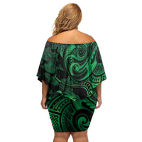 New Zealand Tuatara Family Matching Off Shoulder Short Dress and Hawaiian Shirt Aotearoa Maori Clematis Flowers - Green LT14 - Polynesian Pride