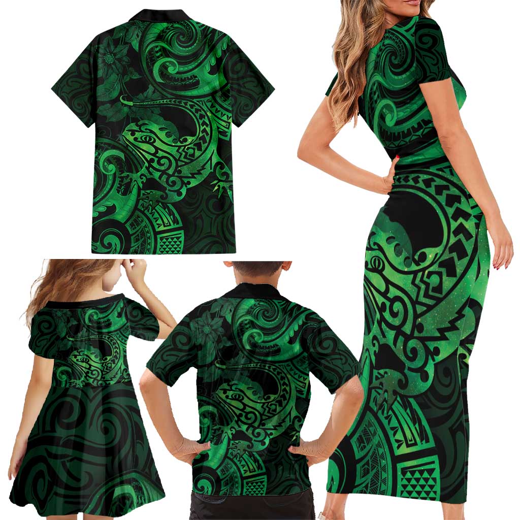 New Zealand Tuatara Family Matching Short Sleeve Bodycon Dress and Hawaiian Shirt Aotearoa Maori Clematis Flowers - Green LT14 - Polynesian Pride