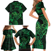 New Zealand Tuatara Family Matching Short Sleeve Bodycon Dress and Hawaiian Shirt Aotearoa Maori Clematis Flowers - Green LT14 - Polynesian Pride