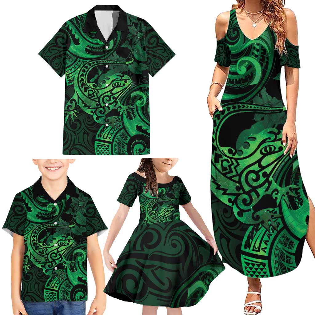 New Zealand Tuatara Family Matching Summer Maxi Dress and Hawaiian Shirt Aotearoa Maori Clematis Flowers - Green LT14 - Polynesian Pride