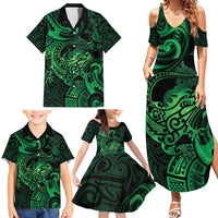 New Zealand Tuatara Family Matching Summer Maxi Dress and Hawaiian Shirt Aotearoa Maori Clematis Flowers - Green LT14 - Polynesian Pride