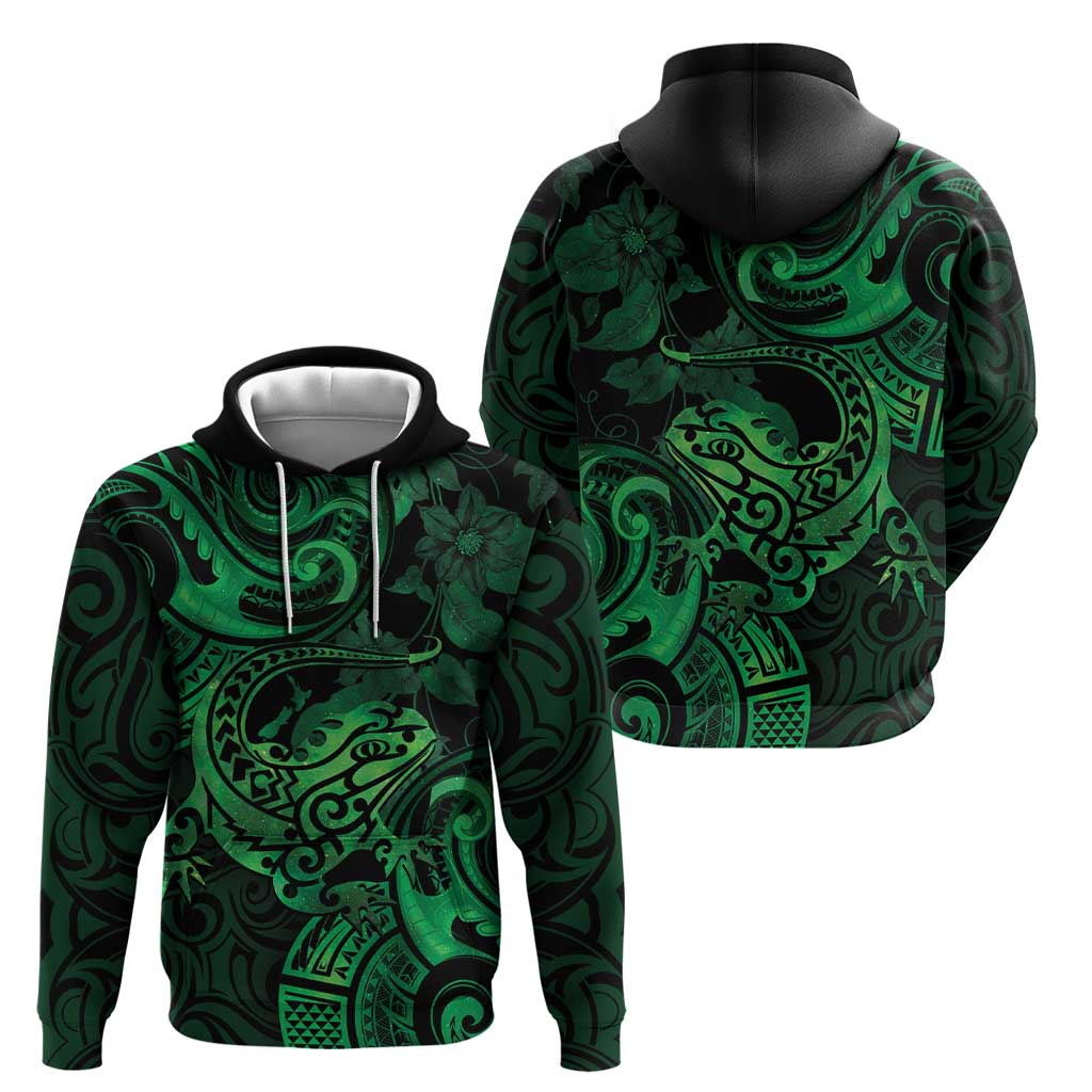 New Zealand Tuatara Hoodie Aotearoa Maori Clematis Flowers - Green LT14 - Polynesian Pride