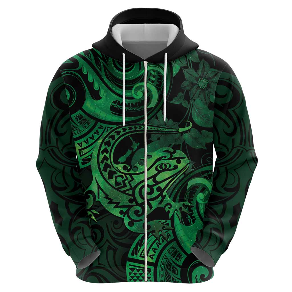 New Zealand Tuatara Hoodie Aotearoa Maori Clematis Flowers - Green LT14 - Polynesian Pride