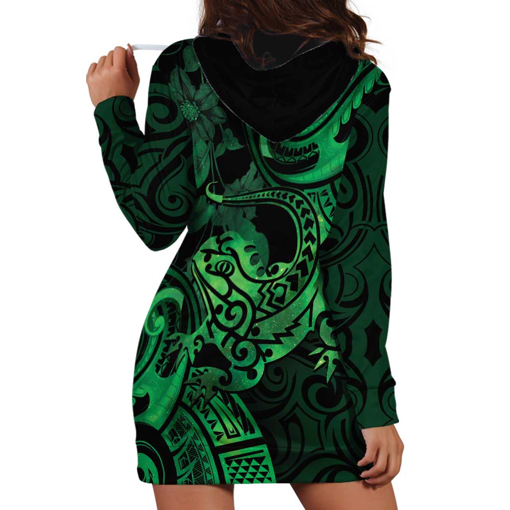 New Zealand Tuatara Hoodie Dress Aotearoa Maori Clematis Flowers - Green LT14 - Polynesian Pride
