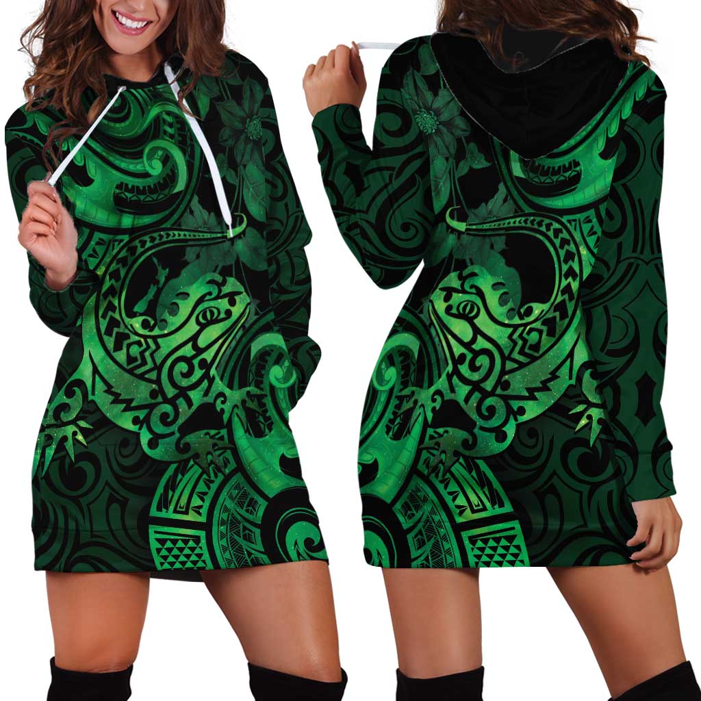 New Zealand Tuatara Hoodie Dress Aotearoa Maori Clematis Flowers - Green LT14 - Polynesian Pride