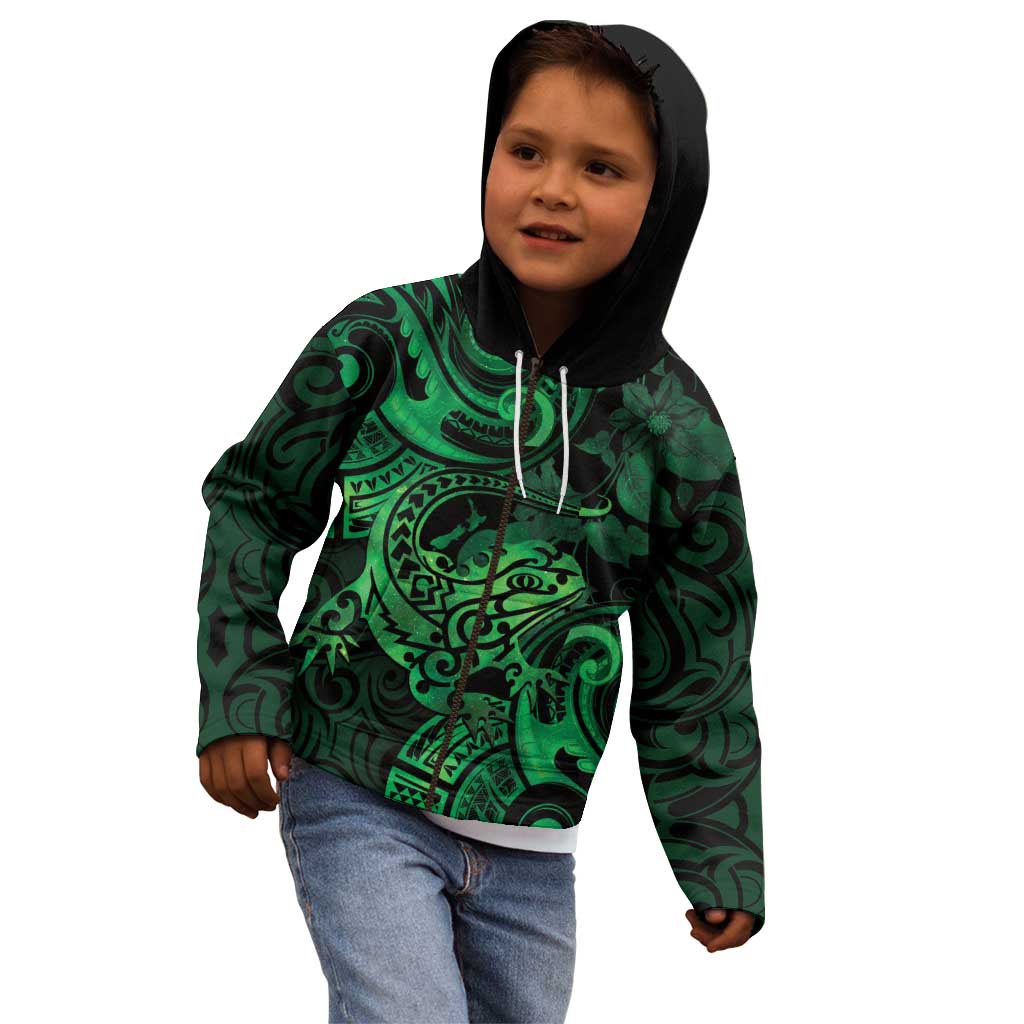 New Zealand Tuatara Kid Hoodie Aotearoa Maori Clematis Flowers - Green LT14 - Polynesian Pride