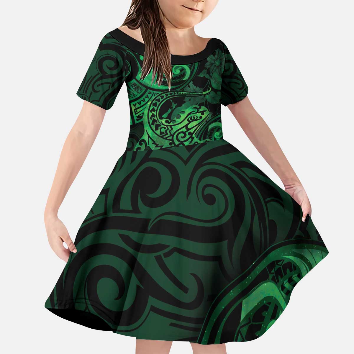New Zealand Tuatara Kid Short Sleeve Dress Aotearoa Maori Clematis Flowers - Green LT14 KID Green - Polynesian Pride