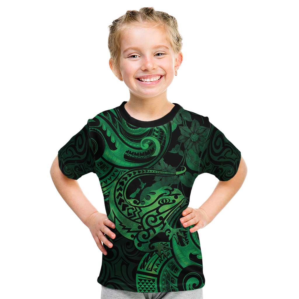 New Zealand Tuatara Kid T Shirt Aotearoa Maori Clematis Flowers - Green LT14 Green - Polynesian Pride