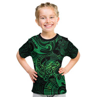 New Zealand Tuatara Kid T Shirt Aotearoa Maori Clematis Flowers - Green LT14 Green - Polynesian Pride