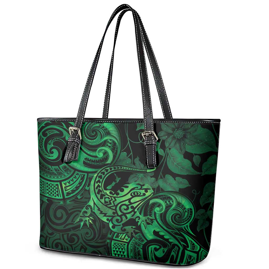 New Zealand Tuatara Leather Tote Bag Aotearoa Maori Clematis Flowers - Green LT14 - Polynesian Pride