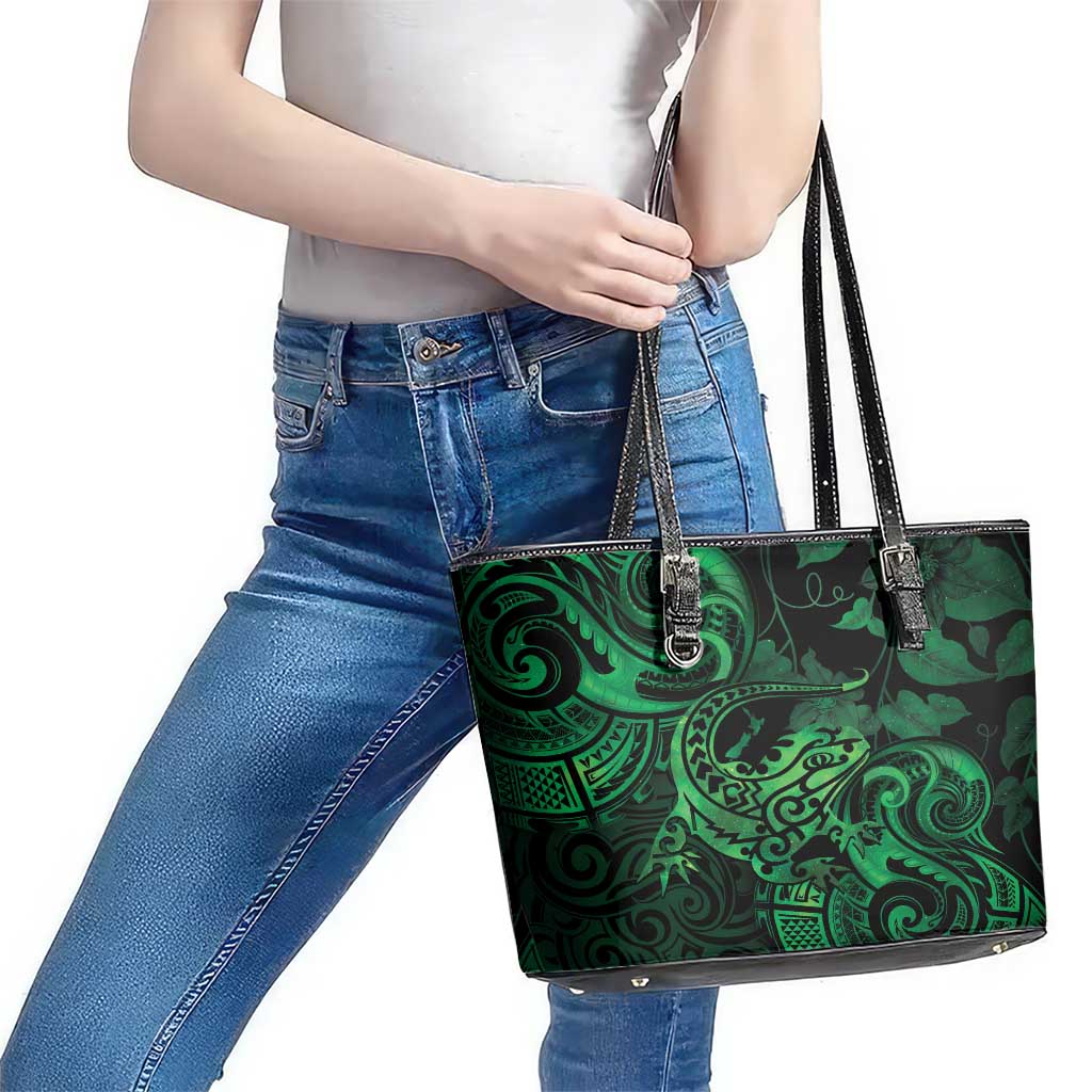 New Zealand Tuatara Leather Tote Bag Aotearoa Maori Clematis Flowers - Green LT14 - Polynesian Pride