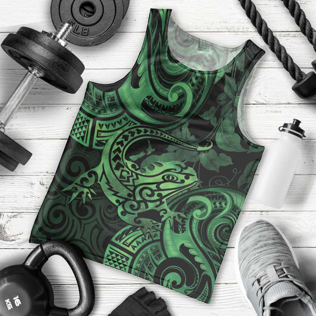 New Zealand Tuatara Men Tank Top Aotearoa Maori Clematis Flowers - Green LT14 - Polynesian Pride