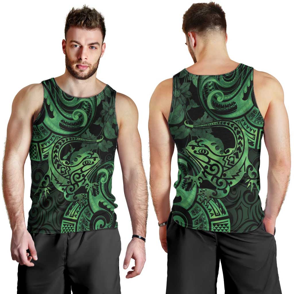 New Zealand Tuatara Men Tank Top Aotearoa Maori Clematis Flowers - Green LT14 - Polynesian Pride