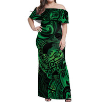 New Zealand Tuatara Off Shoulder Maxi Dress Aotearoa Maori Clematis Flowers - Green LT14 Women Green - Polynesian Pride