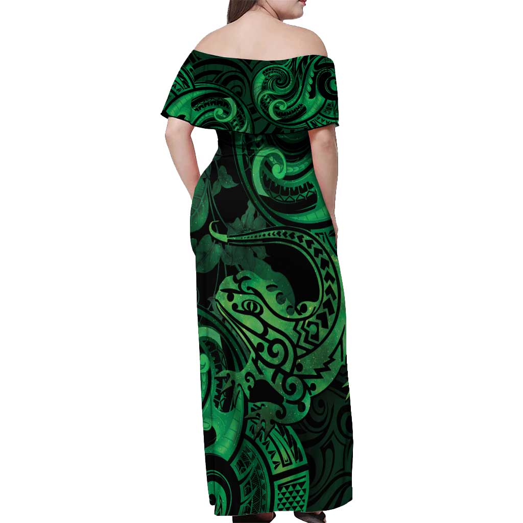 New Zealand Tuatara Off Shoulder Maxi Dress Aotearoa Maori Clematis Flowers - Green LT14 - Polynesian Pride
