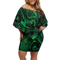 New Zealand Tuatara Off Shoulder Short Dress Aotearoa Maori Clematis Flowers - Green LT14 Women Green - Polynesian Pride