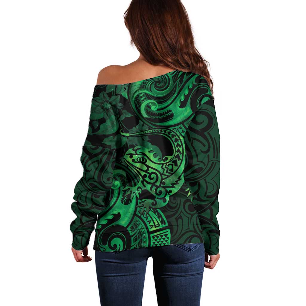 New Zealand Tuatara Off Shoulder Sweater Aotearoa Maori Clematis Flowers - Green LT14 - Polynesian Pride