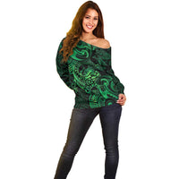 New Zealand Tuatara Off Shoulder Sweater Aotearoa Maori Clematis Flowers - Green LT14 - Polynesian Pride