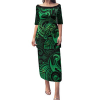 New Zealand Tuatara Puletasi Aotearoa Maori Clematis Flowers - Green LT14 Long Dress Green - Polynesian Pride