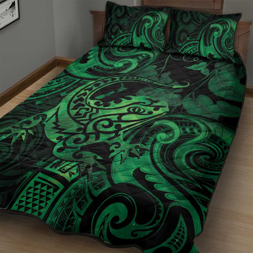 New Zealand Tuatara Quilt Bed Set Aotearoa Maori Clematis Flowers - Green LT14 - Polynesian Pride