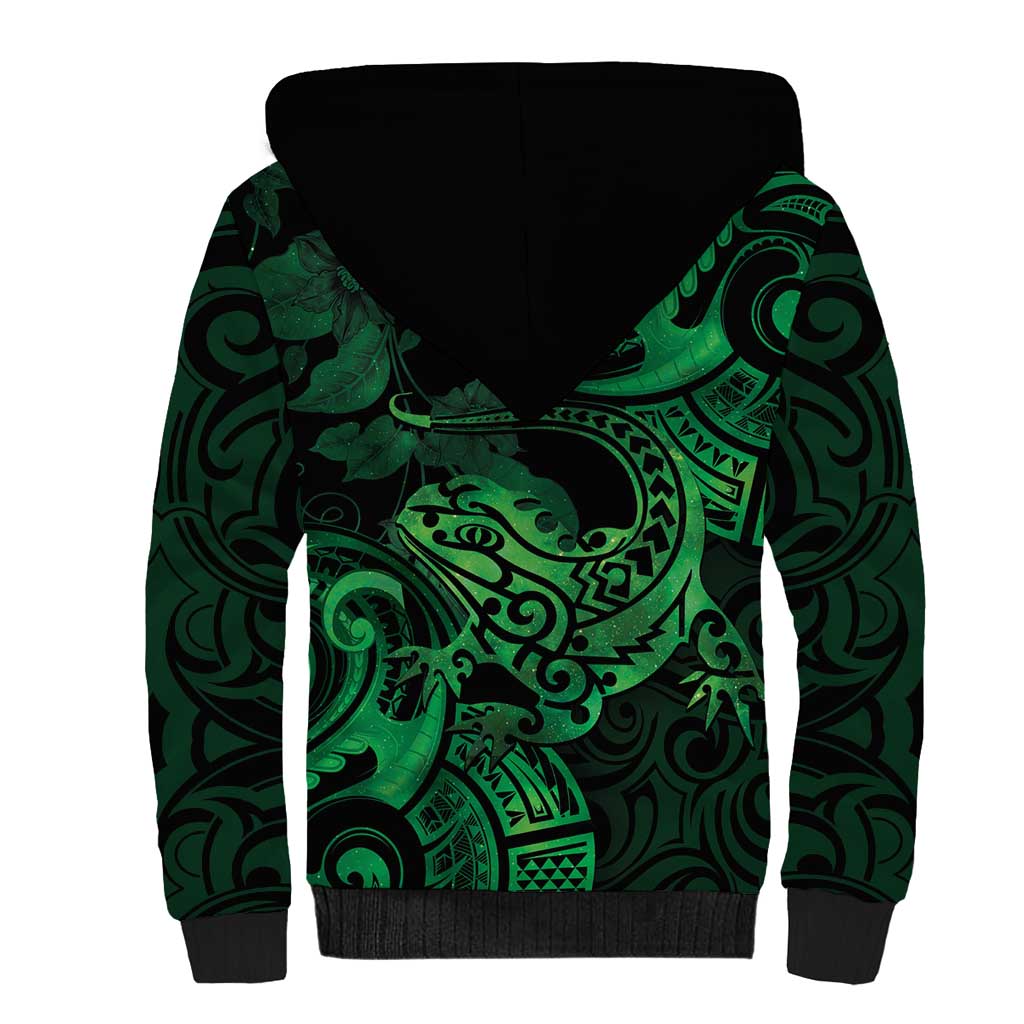 New Zealand Tuatara Sherpa Hoodie Aotearoa Maori Clematis Flowers - Green LT14 - Polynesian Pride