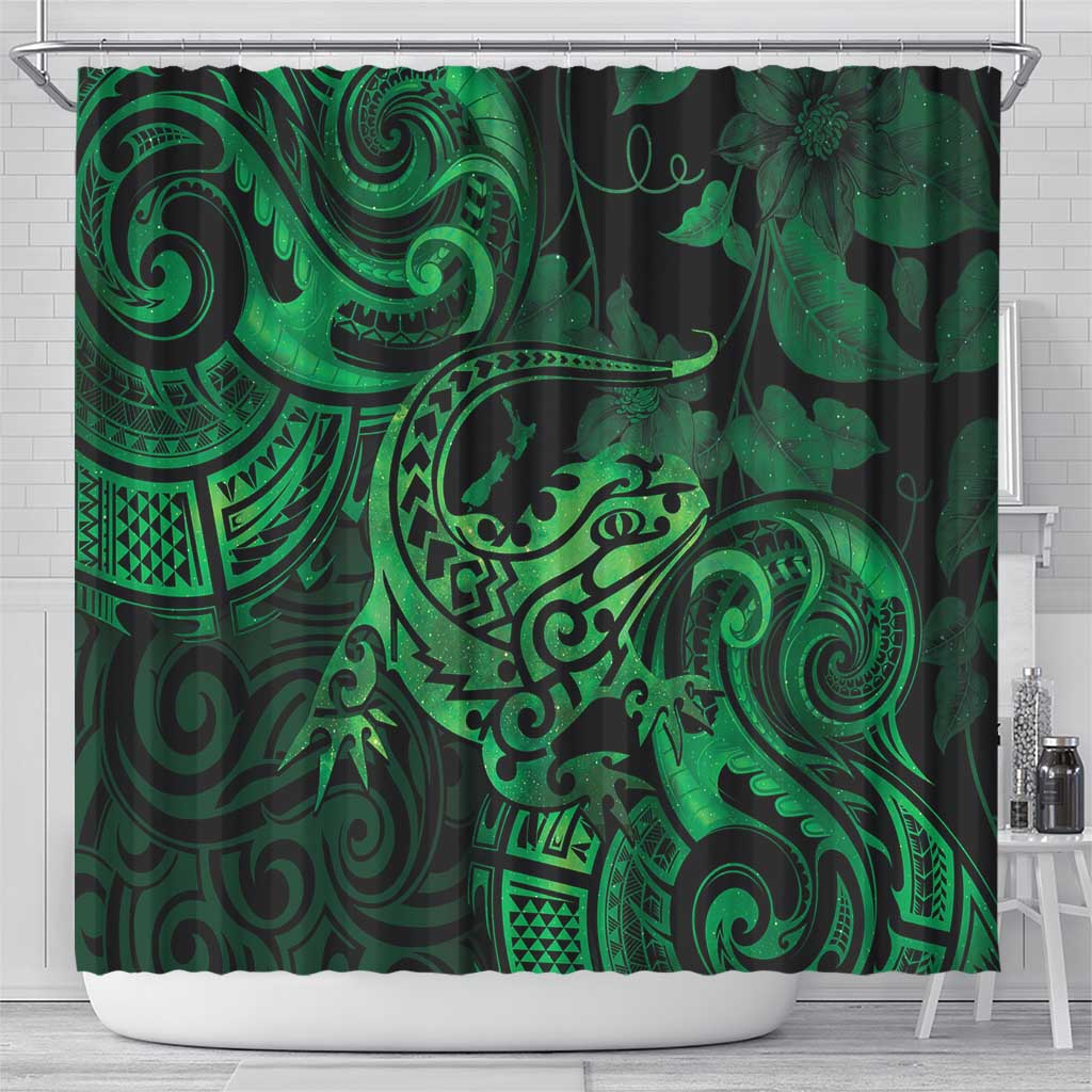 New Zealand Tuatara Shower Curtain Aotearoa Maori Clematis Flowers - Green LT14 - Polynesian Pride