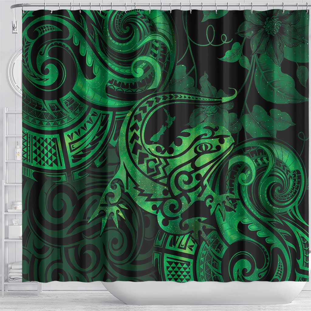 New Zealand Tuatara Shower Curtain Aotearoa Maori Clematis Flowers - Green LT14 - Polynesian Pride